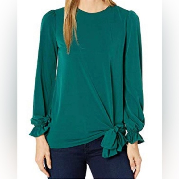 Michael Michael Kors Women's Tie-Front Ruffle-Sleeve Top, Dark Emerald Size S - Picture 1 of 5
